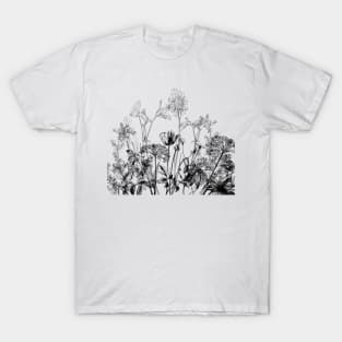 Black White Wild Flowers Botanical Pattern Illustration Vintage T-Shirt